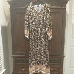 NWOT Pretty Garden Boho Long Sleeve Dress Floral Black Neutral Multi Color Large